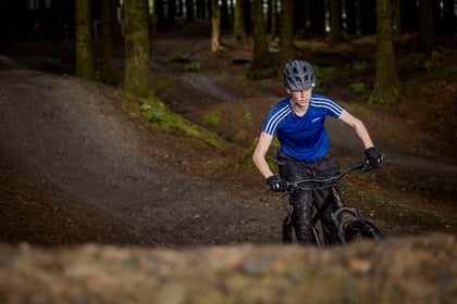 male adult volunteer in blue tshirt and black helmet riding a mountain bike up a small hill in the forest.