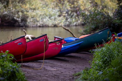 collection of canoes, kayaks and paddle boards of various colours along the waters edge