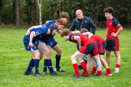 Male rugby players get ready to go into a scrum