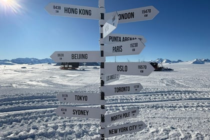 Signs showing distances from Antartica and various other cities