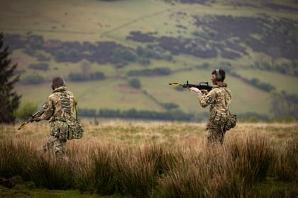 Cadets walking through tall grass during fieldcraft exercise at Cadet Cambrian Patrol 2026