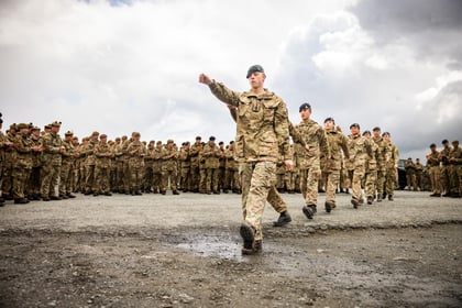 Cadets marching at Cambrian Patrol medal presentation