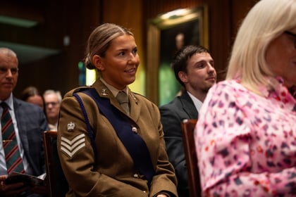 A female adult volunteer wears brown uniform and blue sash