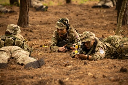 Three Army Cadets in camouflage uniforms lie prone on a forest floor, aiming their weapons. Trees and pine needles surround them. The scene suggests a military training exercise in a woodland environment.