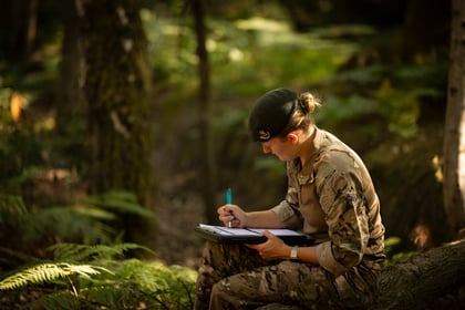 A person in camouflage military uniform sits on a log in a forest, writing in a notebook with a pen. Sunlight filters through the trees, illuminating the scene.