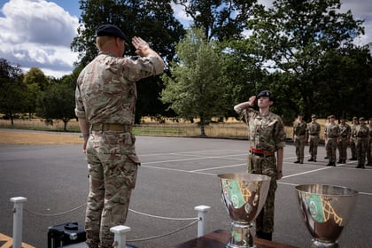 A person in military uniform salutes an officer standing on a platform during an outdoor ceremony. Trophies sit on a table in the foreground, and a formation of soldiers stands in the background.