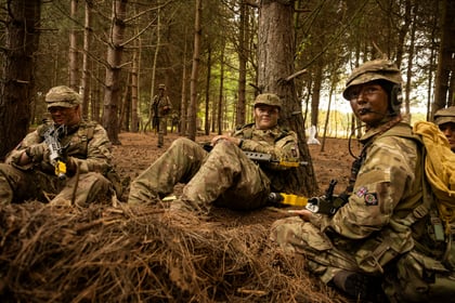 Four Army Cadets in camouflage uniforms and helmets sit on the forest floor, resting by trees with rifles in hand. Another cadet stands in the background among tall pine trees.