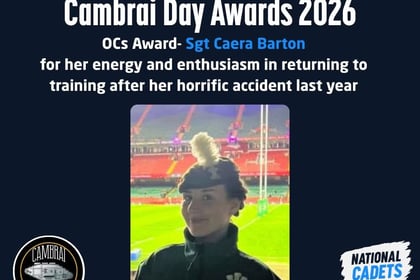 Cambrai Day Awards 2026: Sgt Caera Barton receiving the OC’s Award for her dedication to returning to training, featuring a photo of her in uniform.