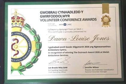 Volunteer Conference Award certificate presented to Dawn-Louise Jones for winning The Outreach Award 2026 at Welsh Ambulance Services, featuring the ambulance service emblem and signatures from the Chief Operating Officer and National Volunteer Manager.