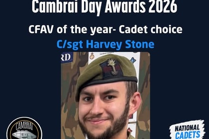 Announcement for the 2026 Cambrai Day Awards, naming C/sgt Harvey Stone as the CFAV of the year (Cadet choice), featuring his photo in uniform.