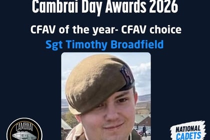 Cambrai Day Awards 2026 announcement naming Sgt Timothy Broadfield as CFAV of the Year, featuring a portrait of the sergeant in uniform.