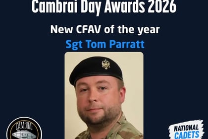Graphic announcing Sgt Tom Parratt as the New CFAV of the Year for the 2026 Cambrai Day Awards, featuring a photo of the sergeant in uniform and the Cambrai Company and National Cadets Week logos.