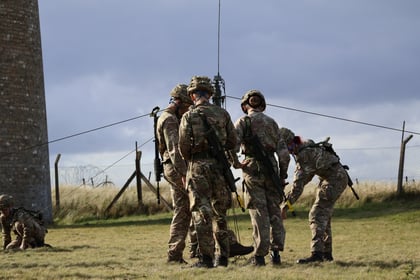 Four soldiers in camouflage uniforms stand on grass near a tall aerial, discussing or adjusting equipment. A fence and a cloudy sky are in the background, with another soldier seated on the ground to the left.