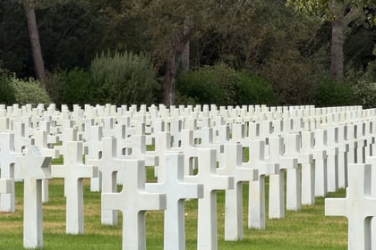 Rows of white marble crosses in a Normandy Battlefield Tour 2026 military cemetery set against a backdrop of trees.