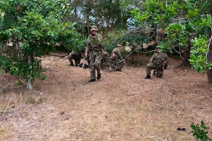 Four people in camouflage uniforms are crouched among trees and bushes, whilst one stands and walks on dry grass in a wooded area during the Berkshire ACF Summer Camp 2026.