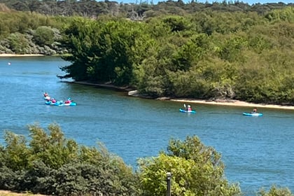 People kayak on a winding river surrounded by trees, under a clear blue sky at Berkshire ACF Summer Camp 2026. A grassy area with a fence and picnic table is in the foreground, and a tall powerline pylon is visible in the distance.