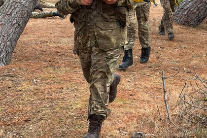 Three soldiers in camouflage uniforms and kit walk through a pine forest, holding rifles. The ground is covered in dry pine needles and the trees are slightly leaning. The soldiers appear focused and alert as they take part in exercises for the Berkshire ACF Summer Camp 2026.