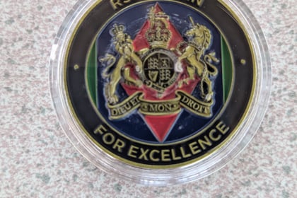 A round coin with the text RSMS COIN FOR EXCELLENCE, featuring a crown, shield, and two unicorns, displayed on a mottled surface.