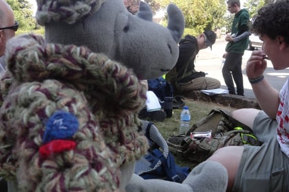 A plush rhinoceros dressed in a knitted hat and scarf sits on grass among people having a picnic outdoors. Trees and rucksacks are visible in the background.