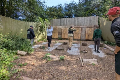 Four people stand in an outdoor area, facing wooden targets and throwing axes, whilst another person in a red cap observes from the right side. The area is surrounded by trees and wooden fences.