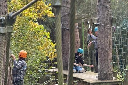 Three people wearing helmets on a high ropes course attached to cables between trees.