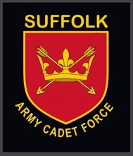 Suffolk ACF logo consisting of red shield with a yellow edge and a yellow crown within it with 2 arrows.